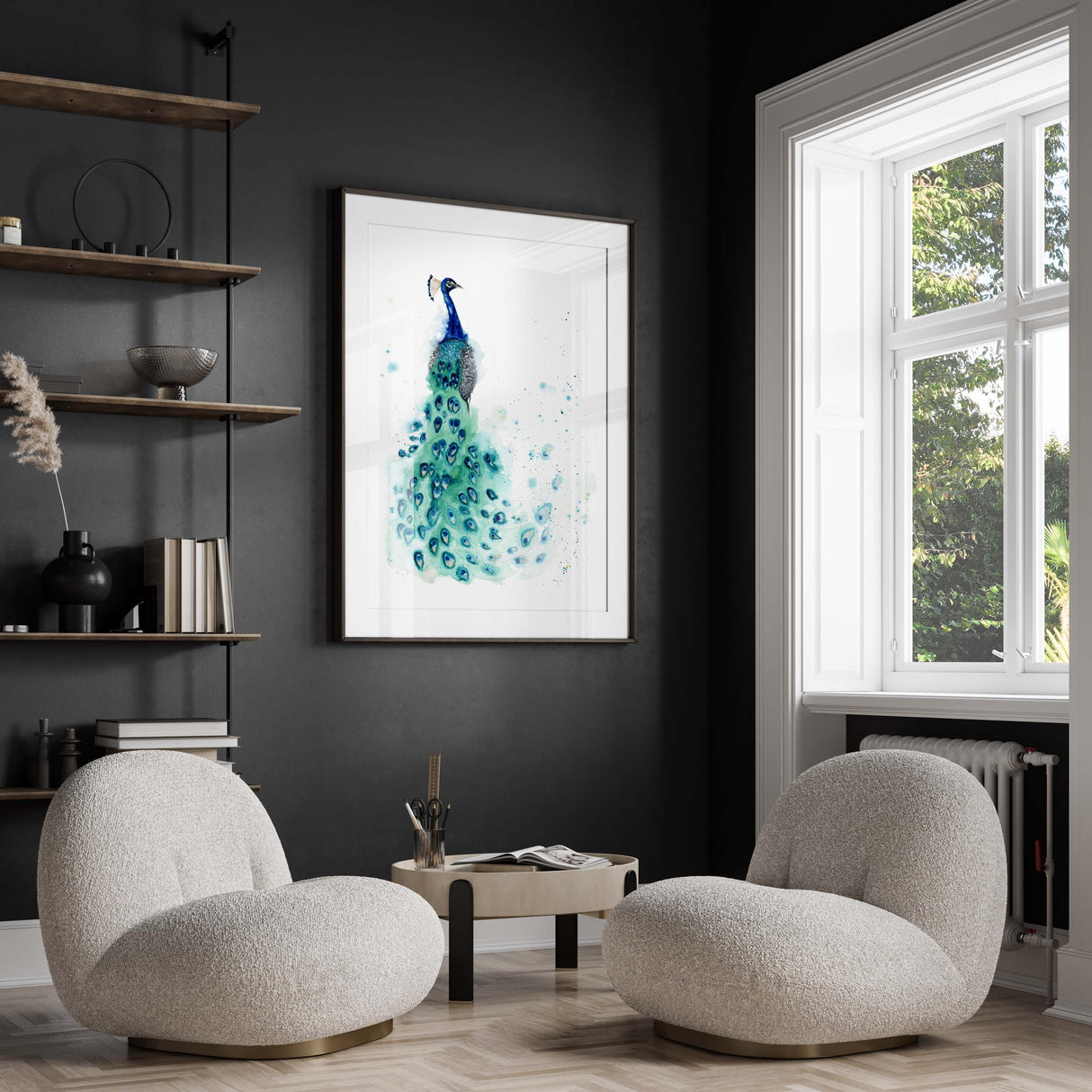 A watercolor print of a proud peacock, its vibrant tail flowing with artistic brushwork in shades of teal and blue by Kate Shephard.