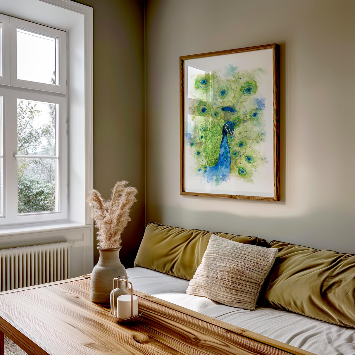 Peacock wall decor in loose watercolour style, perfect for adding colour to any modern or classic space. Hand-painted peacock portrait in teal, blue, and green tones to bring a touch of nature-inspired elegance.