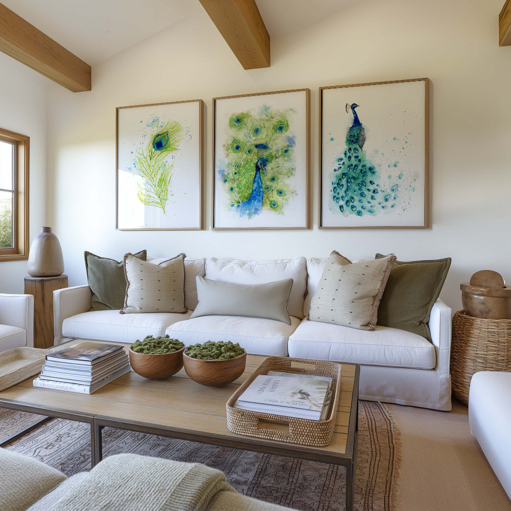 Trio of colourful watercolour peacock prints, showcasing the bird’s beauty with elegant brushstrokes and rich detail.