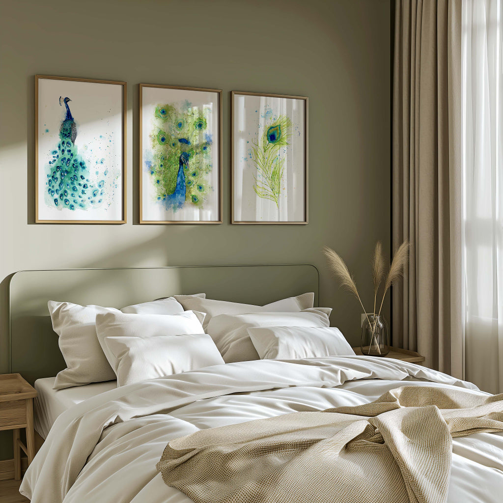 Set of 3 watercolour peacock prints featuring full display, portrait, and feather in vibrant blues, greens, and teals.