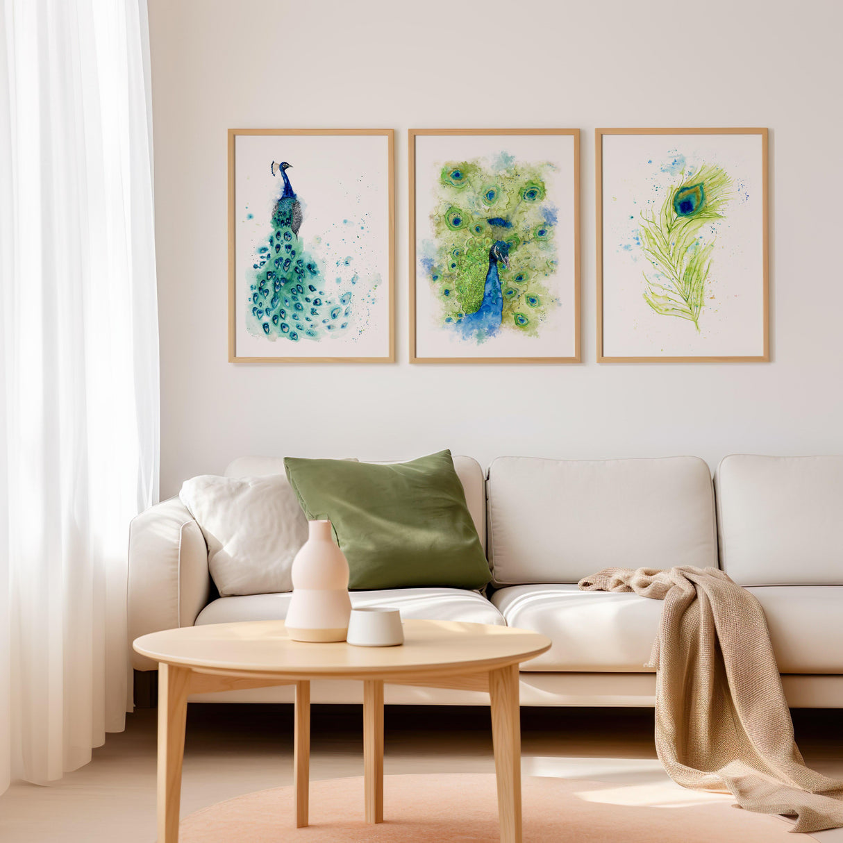 Hand-painted peacock art set with tail, portrait, and feather, perfect for adding colour and elegance to your space.