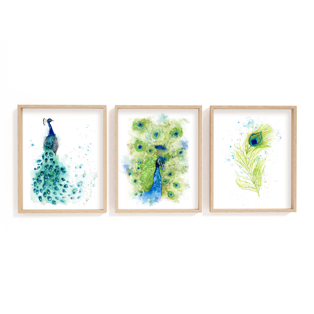 Peacock wall art trio in watercolour showing regal bird and feather details, ideal for nature-inspired home decor.