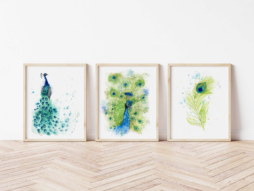 Graceful peacock with tail framed artwork, Enchanting peacock-themed print collection, Colorful peacock with tail watercolor print set
