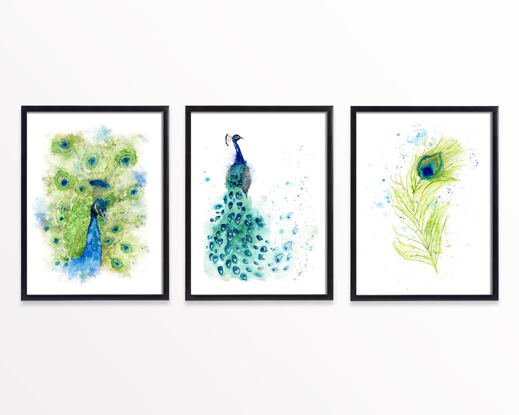 Elegant peacock and tail portrait art bundle, Whimsical peacock feather watercolor prints for sale, Mesmerizing peacock