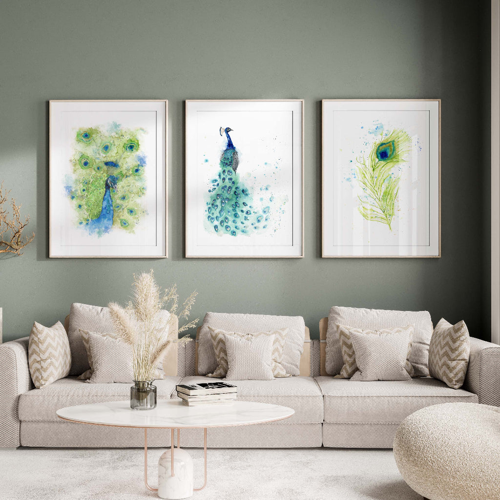 Exquisite peacock feather watercolor set for home decor, Unique peacock-themed art trio featuring tail and feather