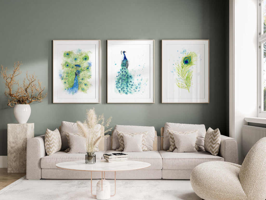 Exquisite peacock feather watercolor set for home decor, Unique peacock-themed art trio featuring tail and feather