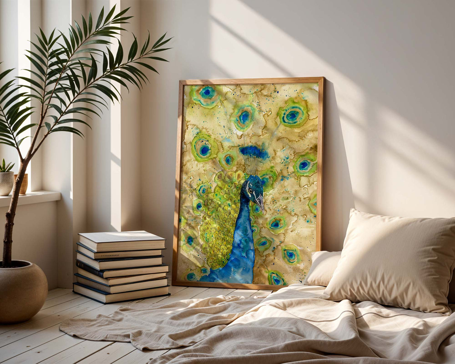 Hand-painted peacock watercolour print in green, turquoise and blue tones.