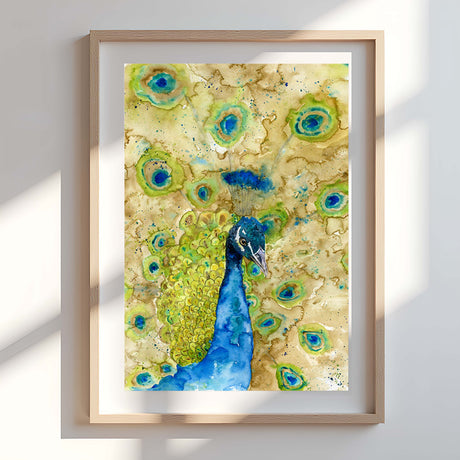 Peacock wall art with shimmering feathers in green and blue watercolour.