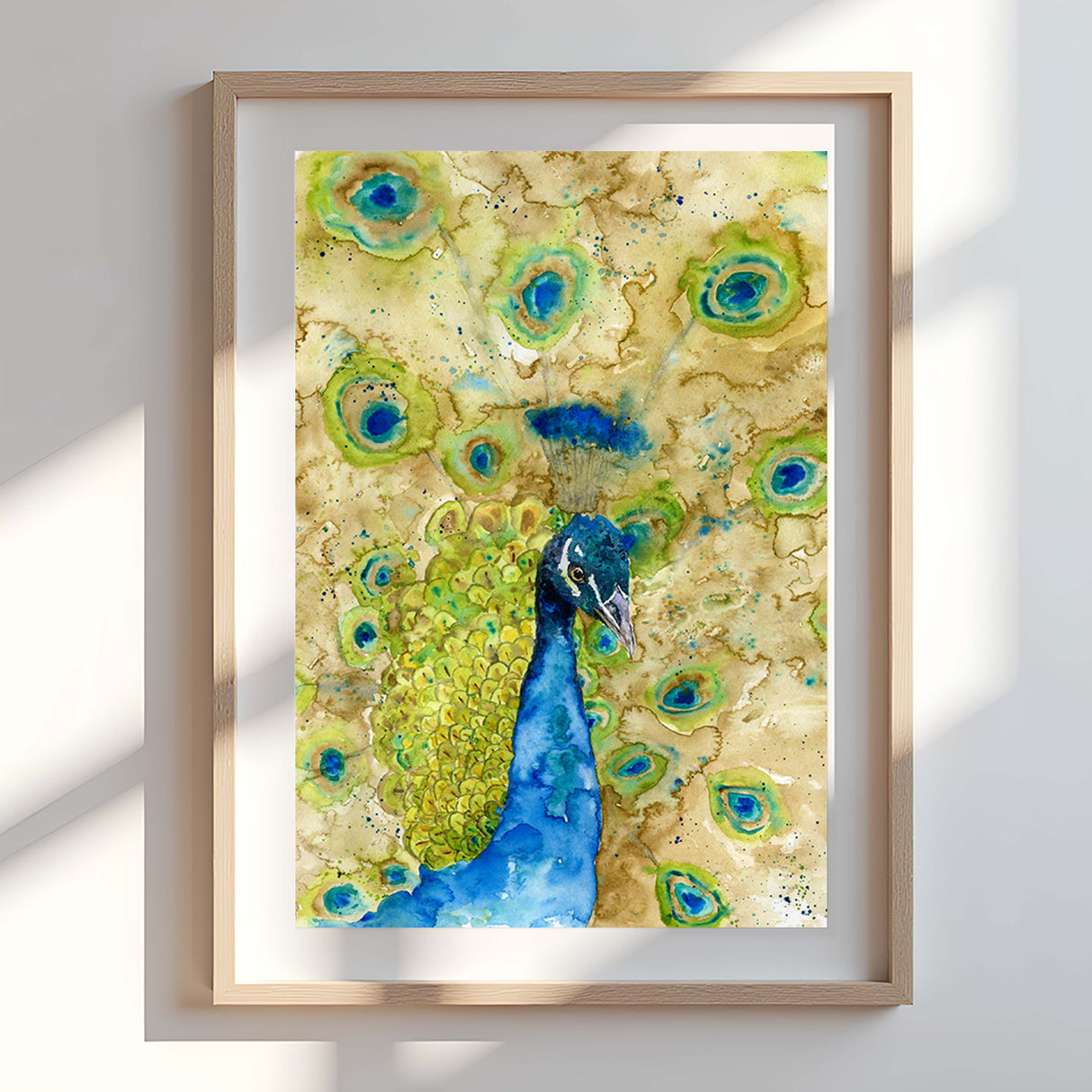 Peacock wall art with shimmering feathers in green and blue watercolour.