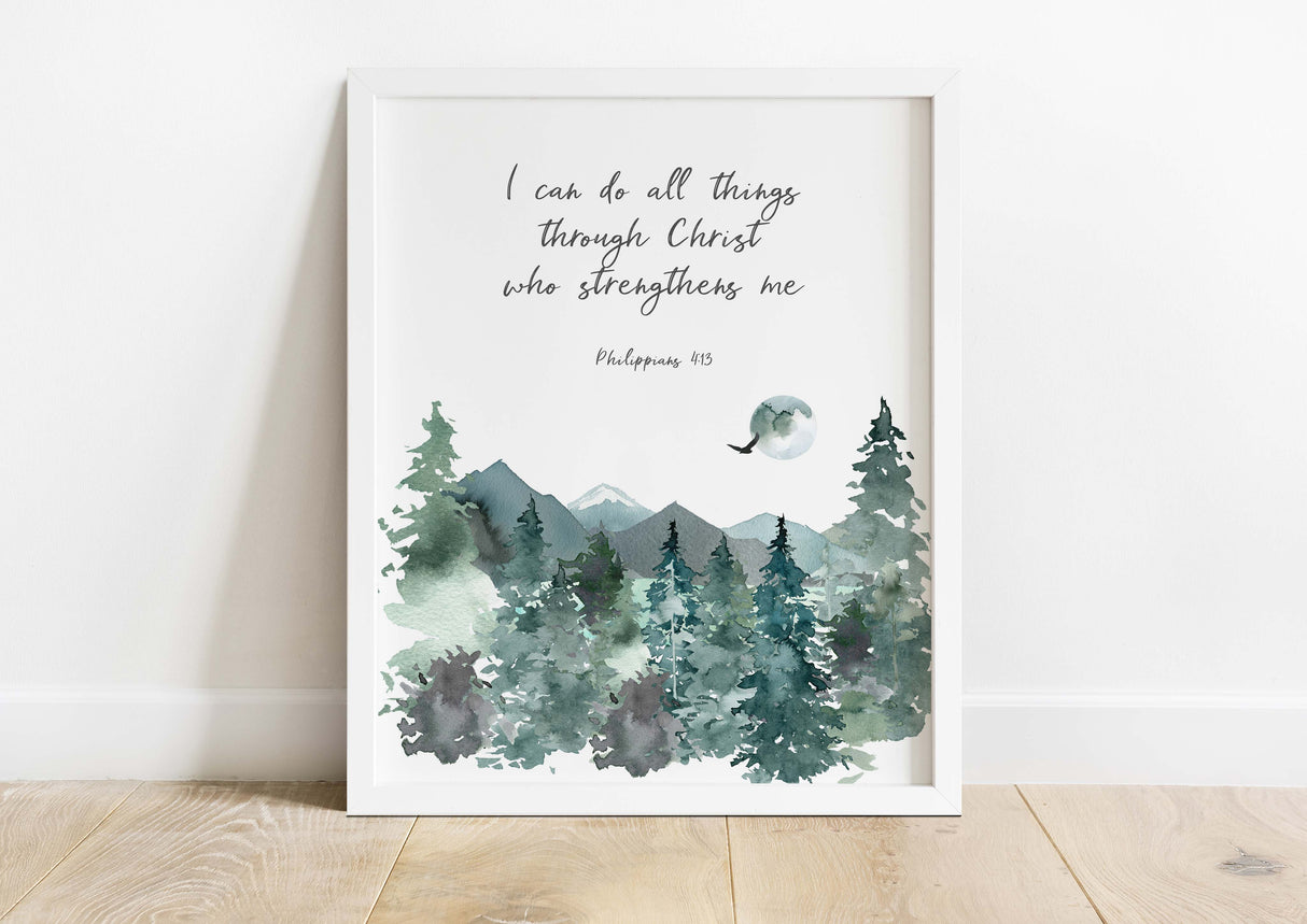 Christian Wall Hanging with Inspirational Quote, Mountain Majesty Bible Verse Print for Home Decor