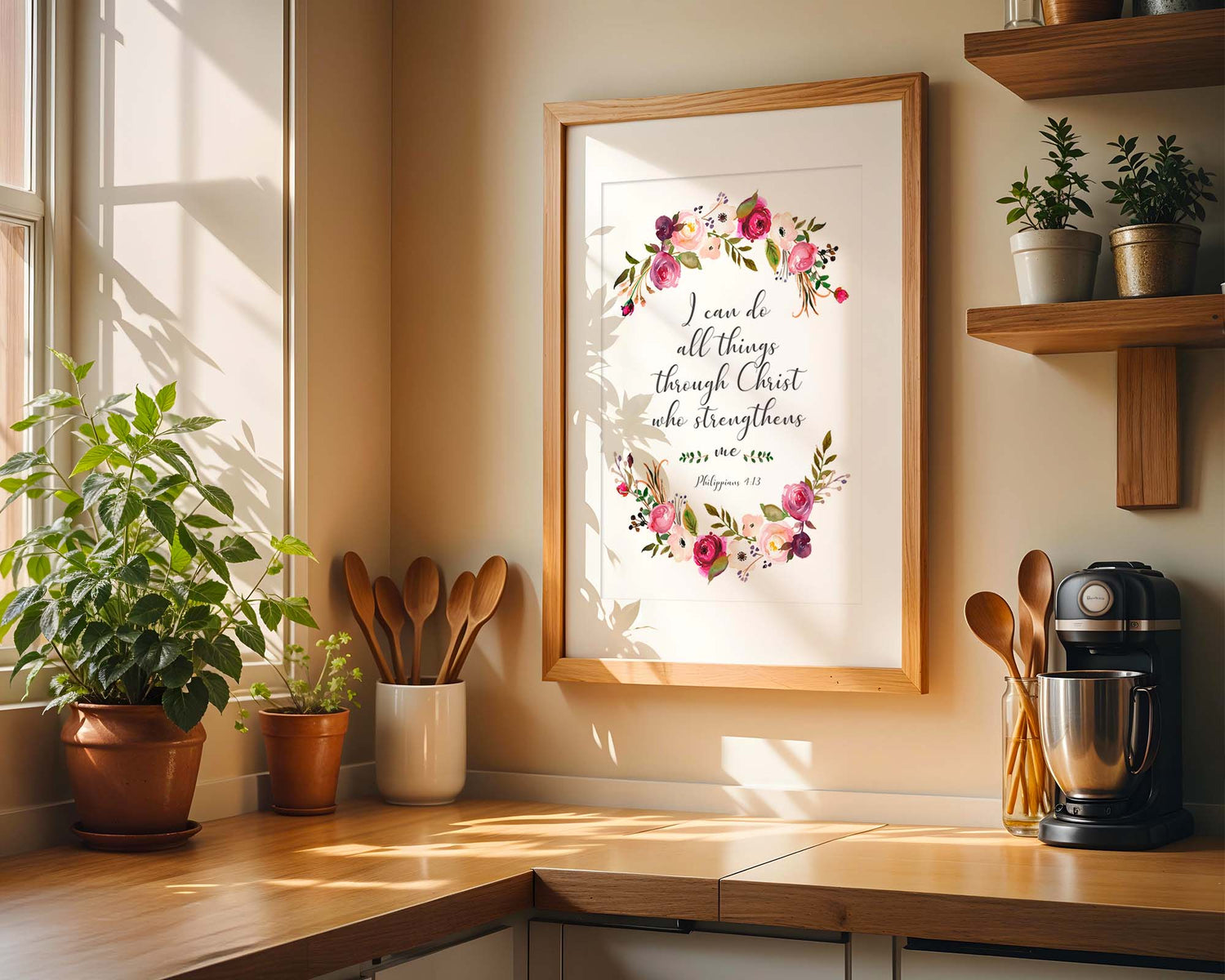 Inspirational Bible verse wall decor with Philippians 4:13 and botanical pink burgundy design.