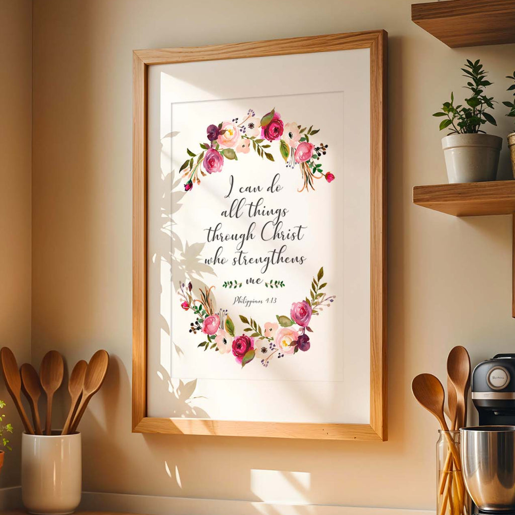 Inspirational Bible verse wall decor with Philippians 4:13 and botanical pink burgundy design.
