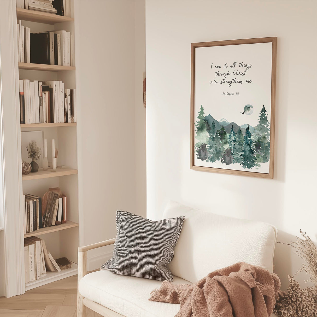 Watercolour mountain and forest Philippians 4 13 Bible verse art print.