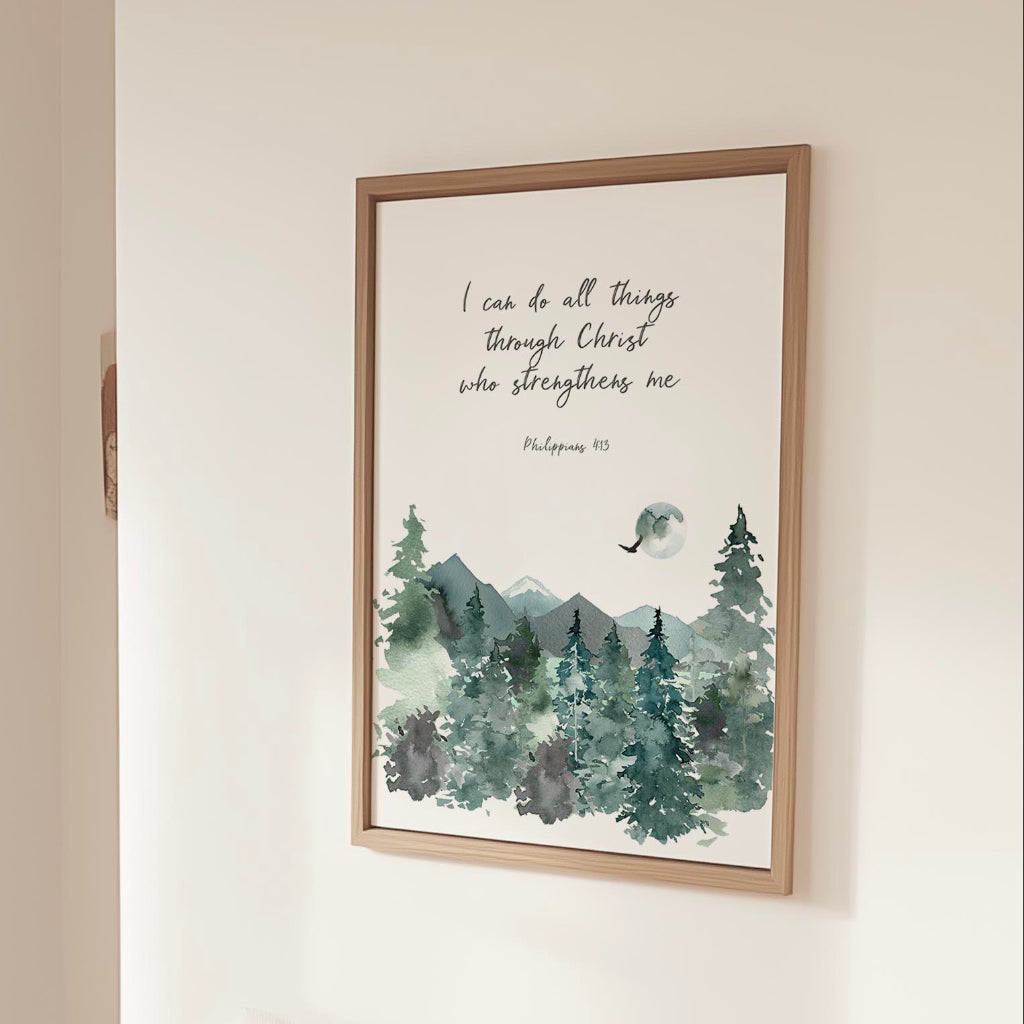 Watercolour mountain and forest Philippians 4 13 Bible verse art print.