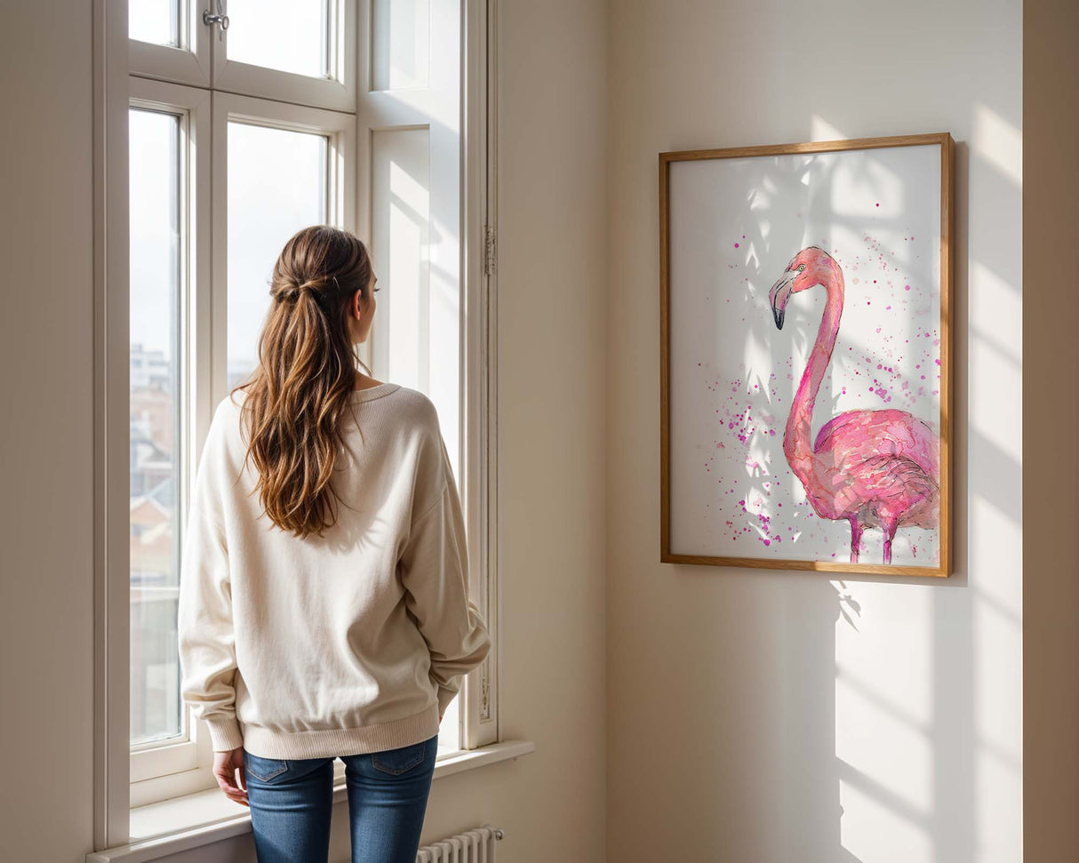 Flamingo Poise wall art showing a serene flamingo in blush and rose hues, painted with gentle, expressive brushstrokes.