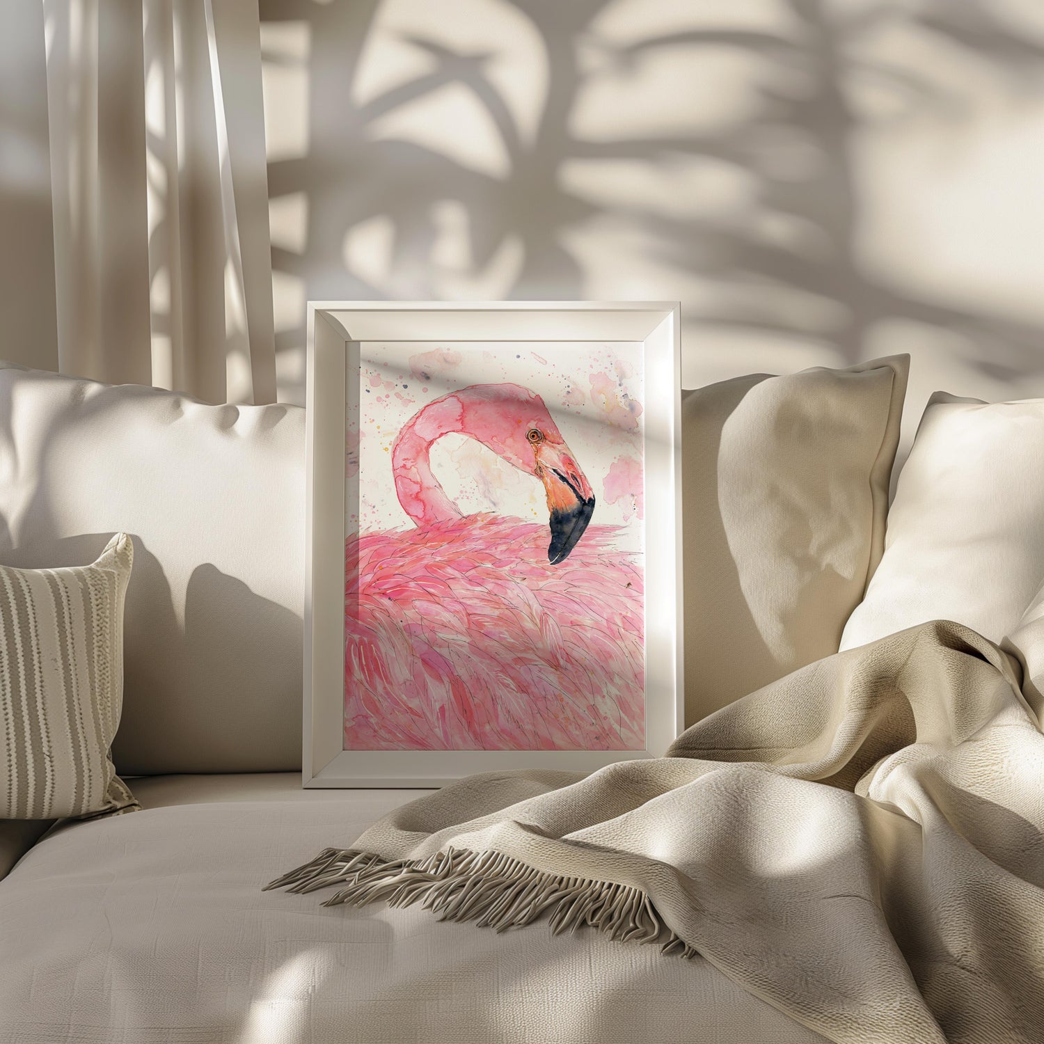 A graceful pink flamingo portrait in loose watercolour, featuring soft blush and magenta tones on a white background.