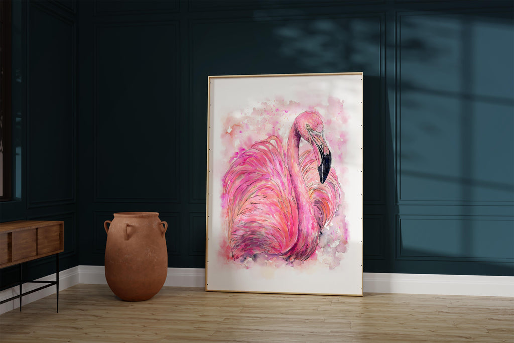 Unique loose watercolour flamingo print for bedroom accents, Tropical vibes with loose watercolour pink flamingo wall decor