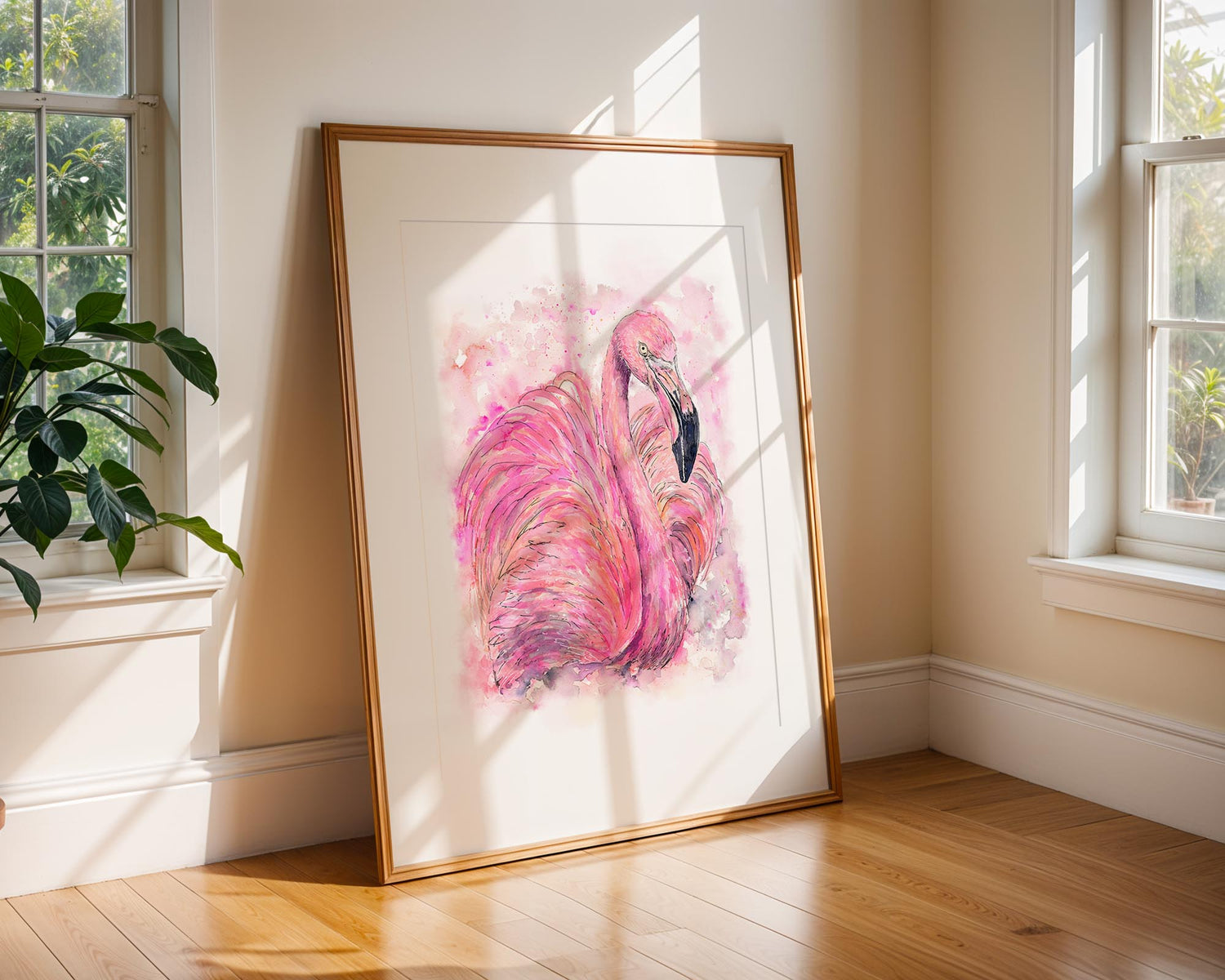 'Pretty In Pink' Flamingo Wall Art Print - Loose Style Pink Flamingo Watercolour Painting Print, Vibrant Bird Wall Art for Tropical Home Decor