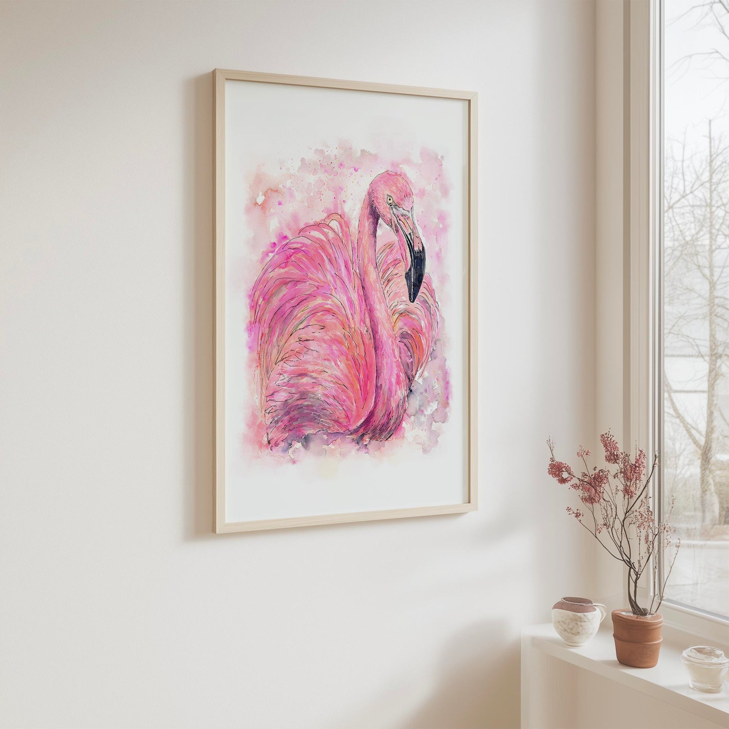 'Pretty In Pink' Flamingo Wall Art Print - Loose Style Pink Flamingo Watercolour Painting Print, Vibrant Bird Wall Art for Tropical Home Decor