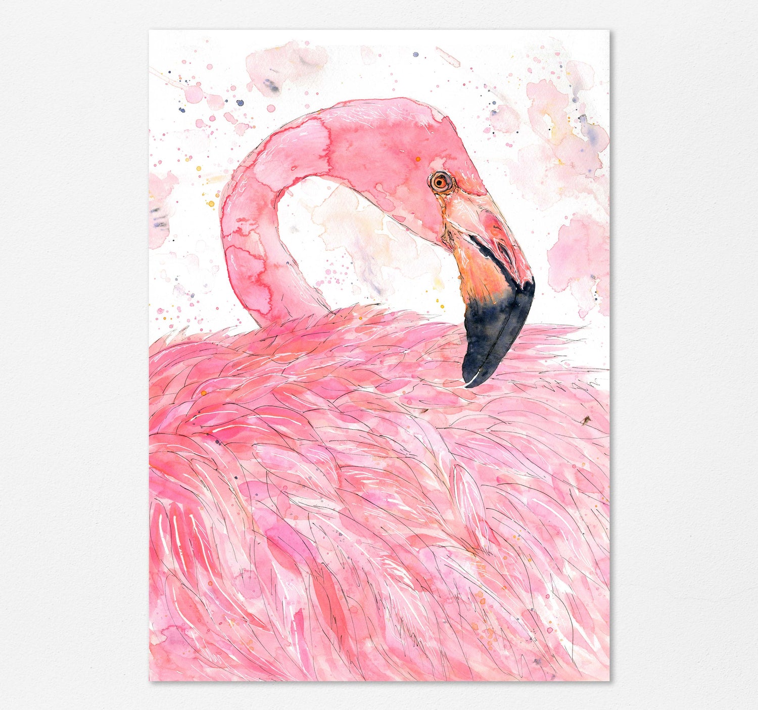 'Blush and Feathers' - Pink Flamingo Wall Art Print, Modern Pink Bird Watercolor for Elegant Modern or Tropical Inspired Home Decor