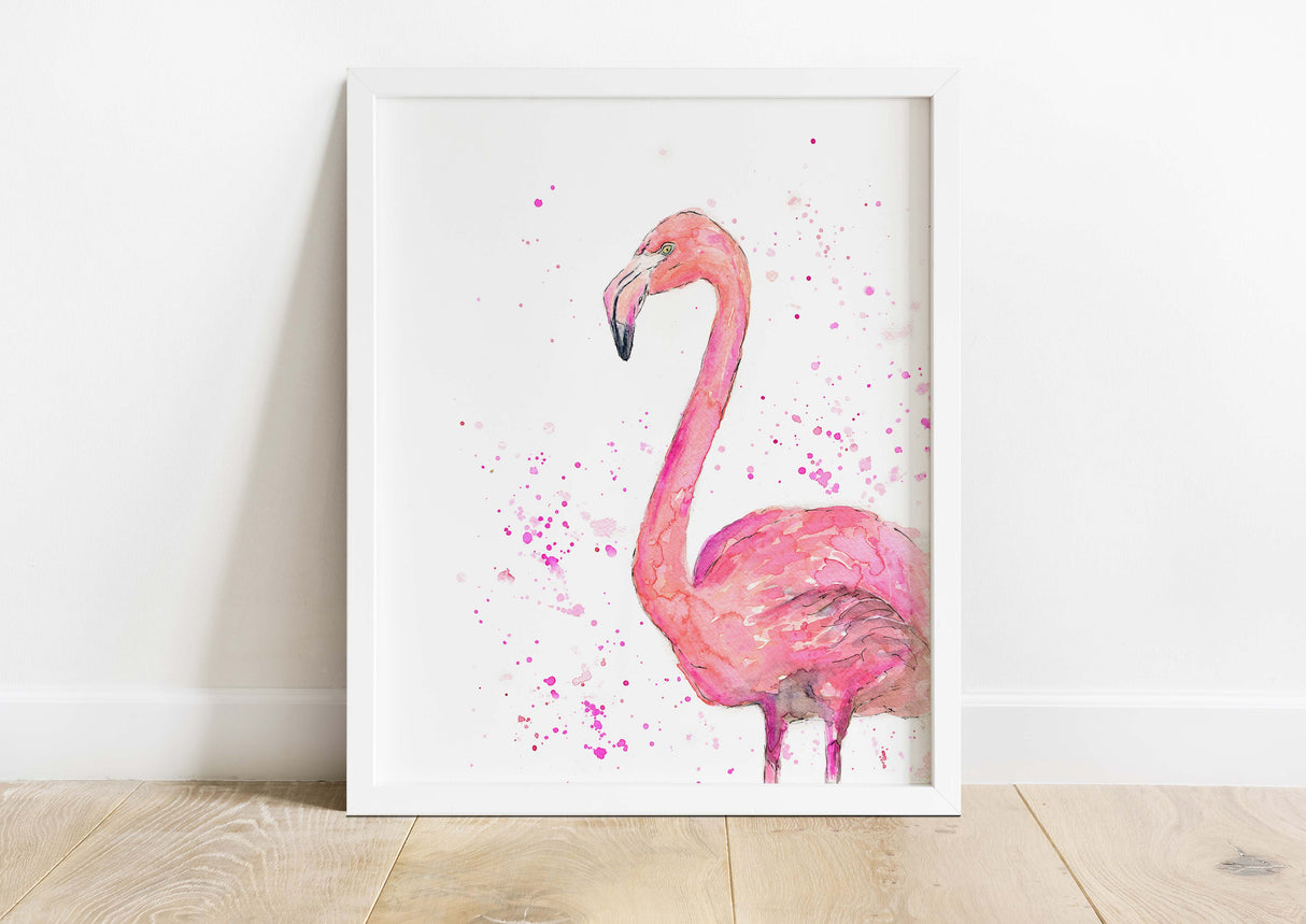 Whimsical pink flamingo art for stylish interiors, Graceful blush flamingo illustration in watercolor, loose style pink flamingo print