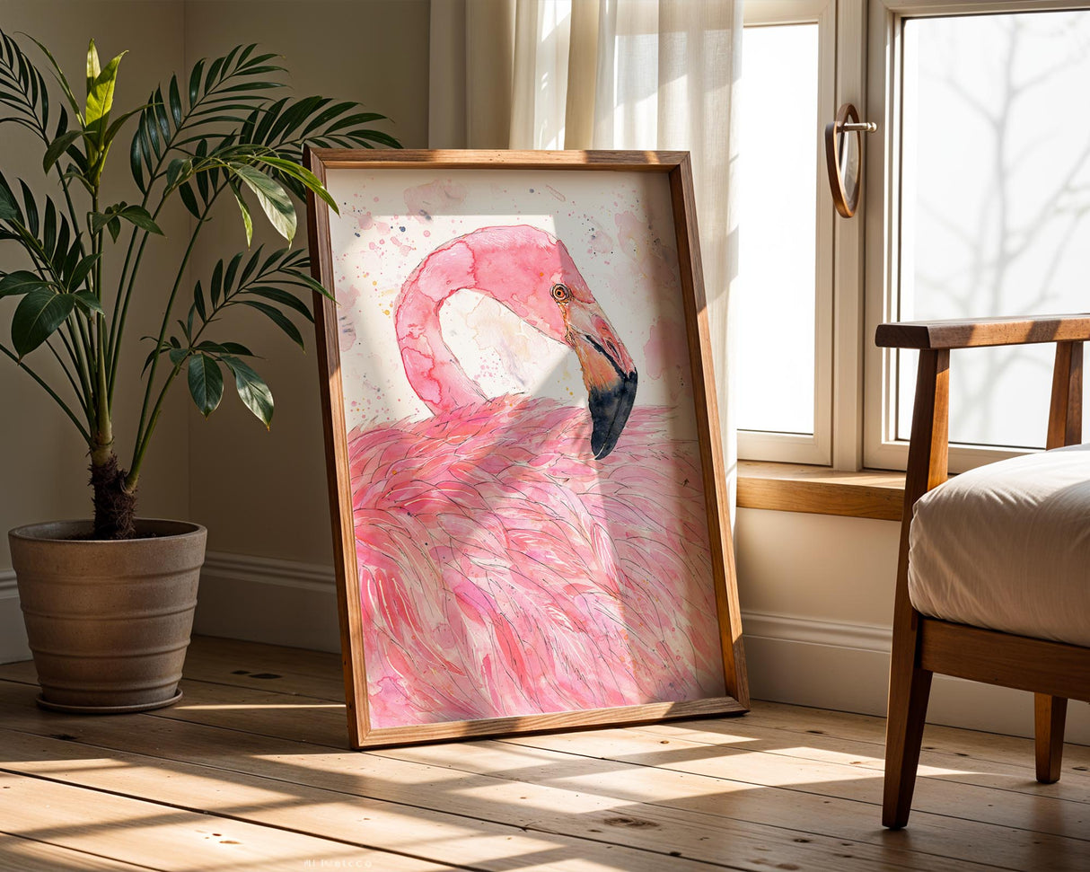 Elegant flamingo art print in hand-painted watercolour, showcasing fluid brushstrokes in soft and vibrant pinks.
