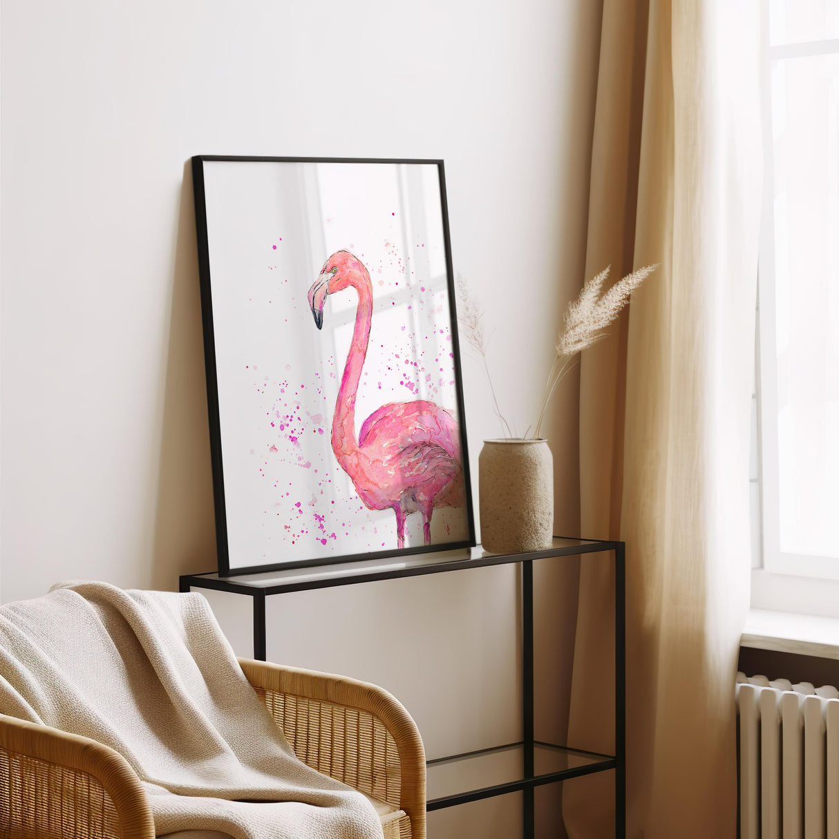 Graceful pink flamingo artwork painted in watercolour, perfect for feminine interiors and nature-inspired wall decor.