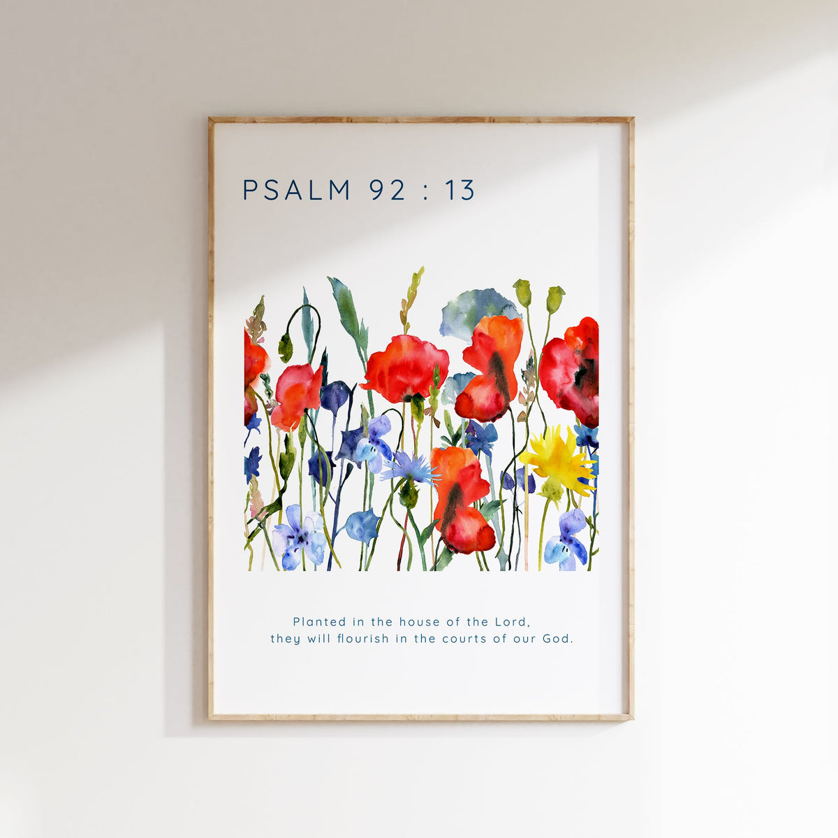 Spiritual decor with Bible verse Psalm 92:13, Encouraging Bible verse print with wildflowers, Flourishing in God's courts watercolour