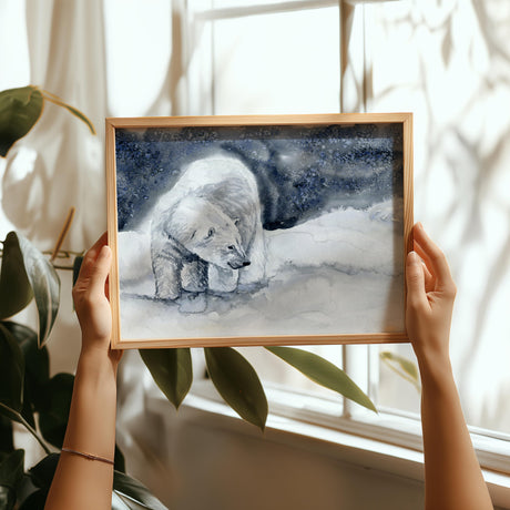 Watercolour polar bear print titled Arctic Stillness, showing a bear standing on snow in a soft, muted Arctic landscape.