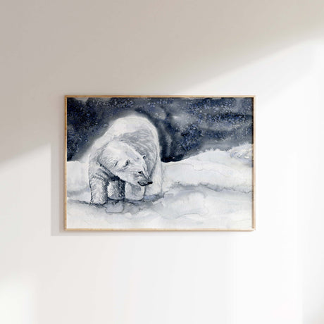 Polar bear artwork in soft tones with a snowy white background.