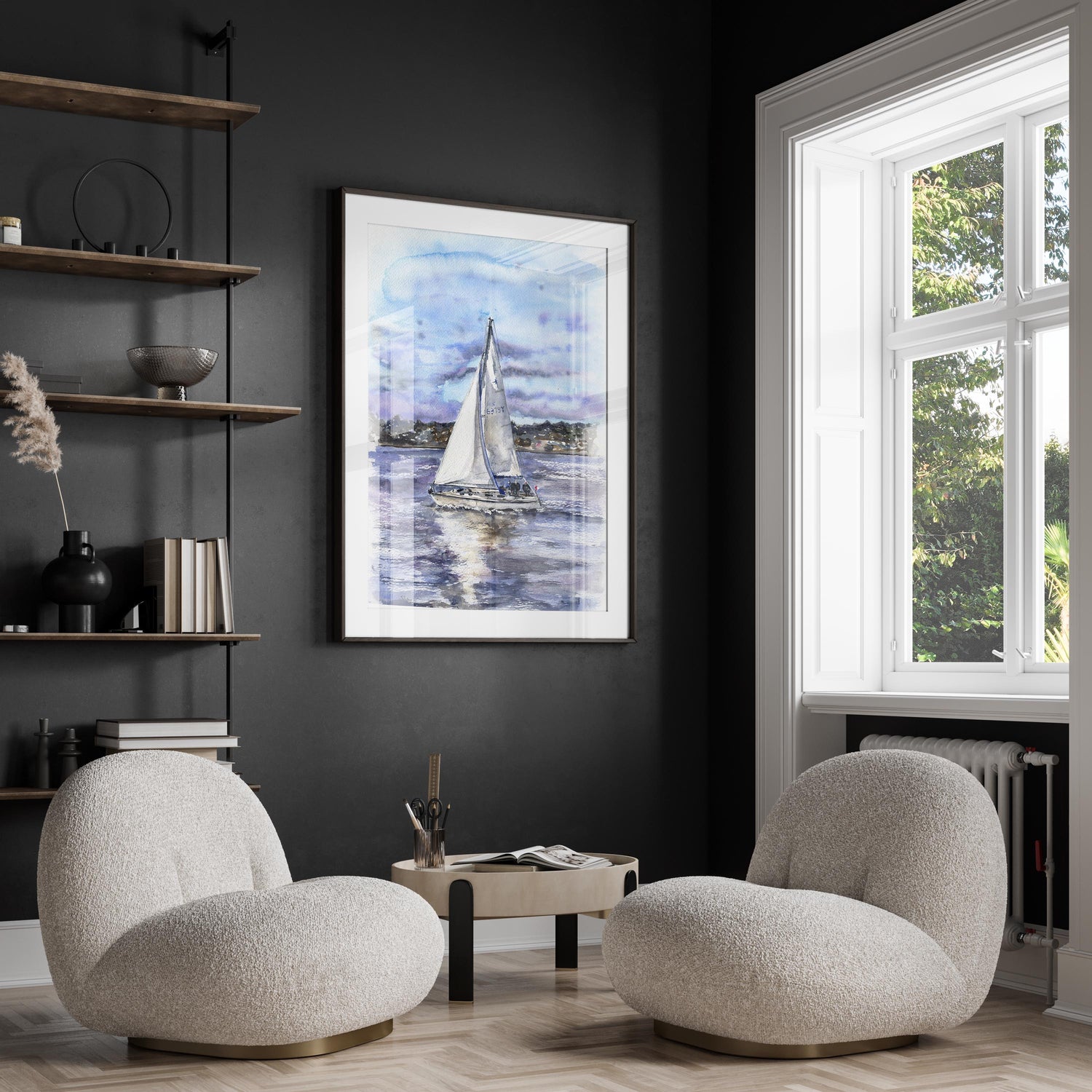 Yacht sailing wall decor print, Coastal-inspired watercolor painting, Ocean yacht watercolor print, Sailboat seascape wall art