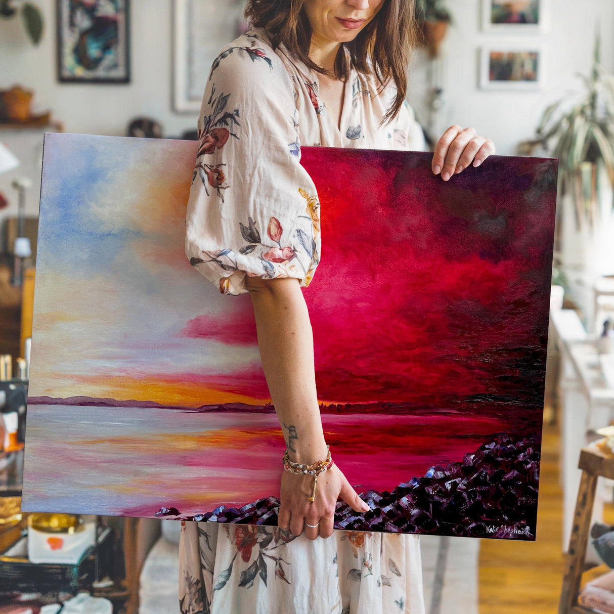 Vibrant oil seascape with red, blue, yellow and white sky over Poole Harbour