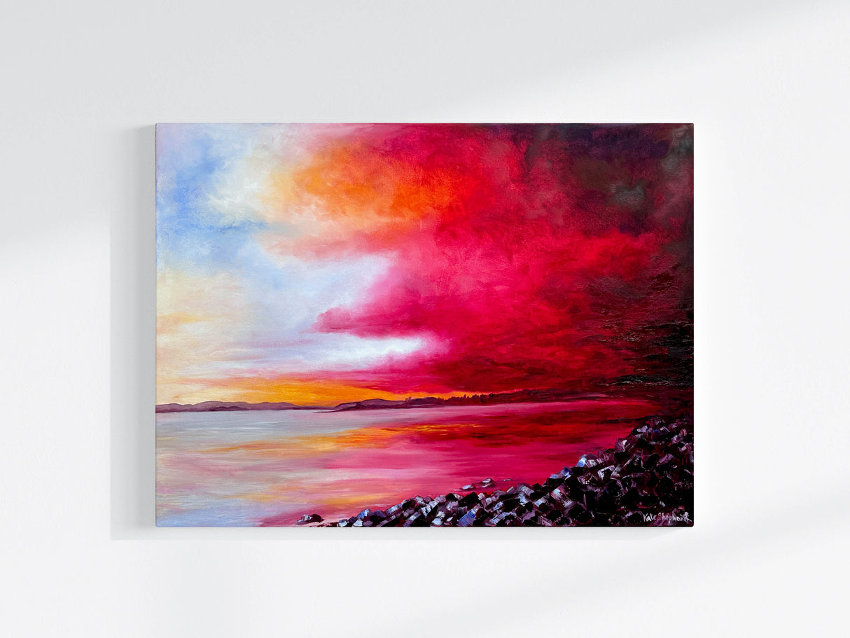 Oil painting of Poole Harbour from Whitecliffe Park with a dramatic red and blue sky