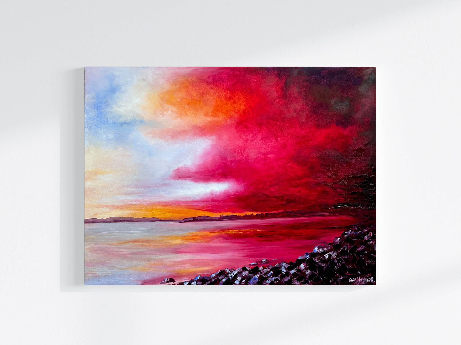 Oil painting of Poole Harbour from Whitecliffe Park with a dramatic red and blue sky