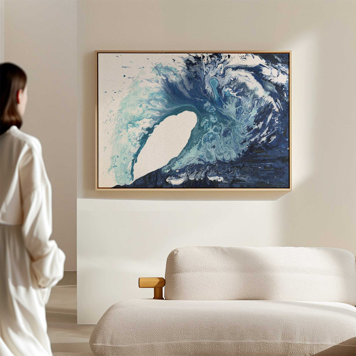 'Poole Wave' abstract ocean wave wall art print in indigo, blue and turquoise tones, inspired by rolling sea waves