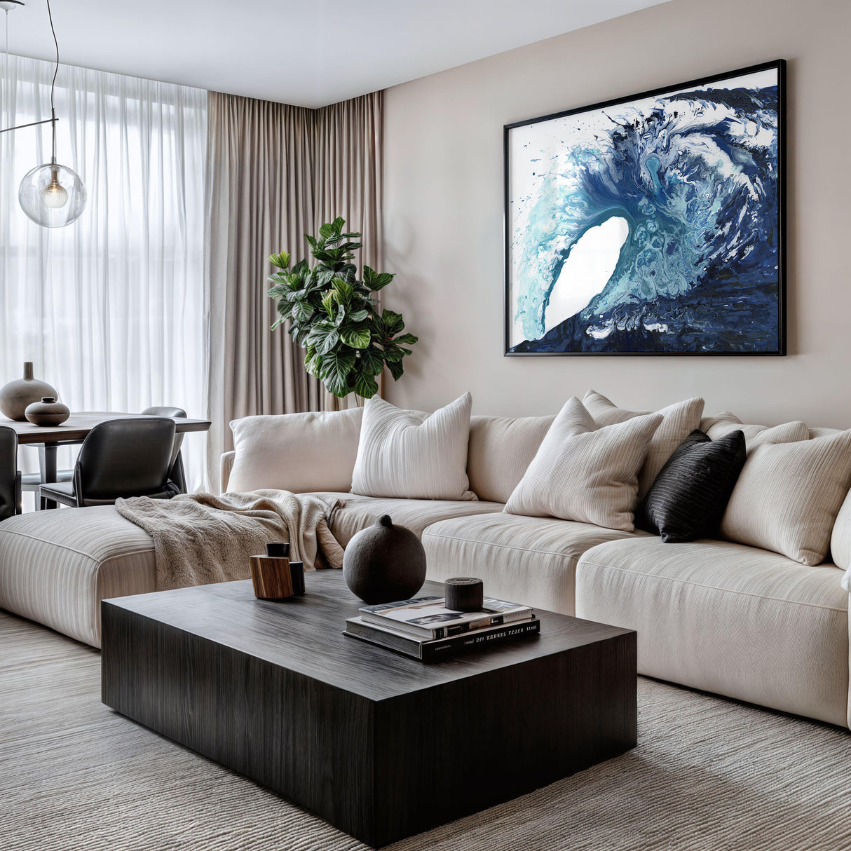 Abstract indigo and blue wave print with soft textures, ideal for beach house decor or nautical-inspired spaces