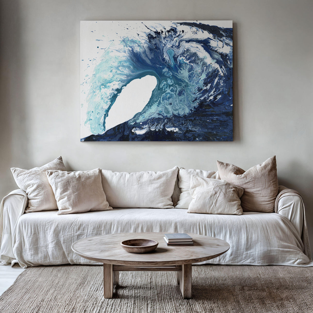 Abstract ocean wave print in indigo and blue tones, inspired by coastal waves and rolling surf