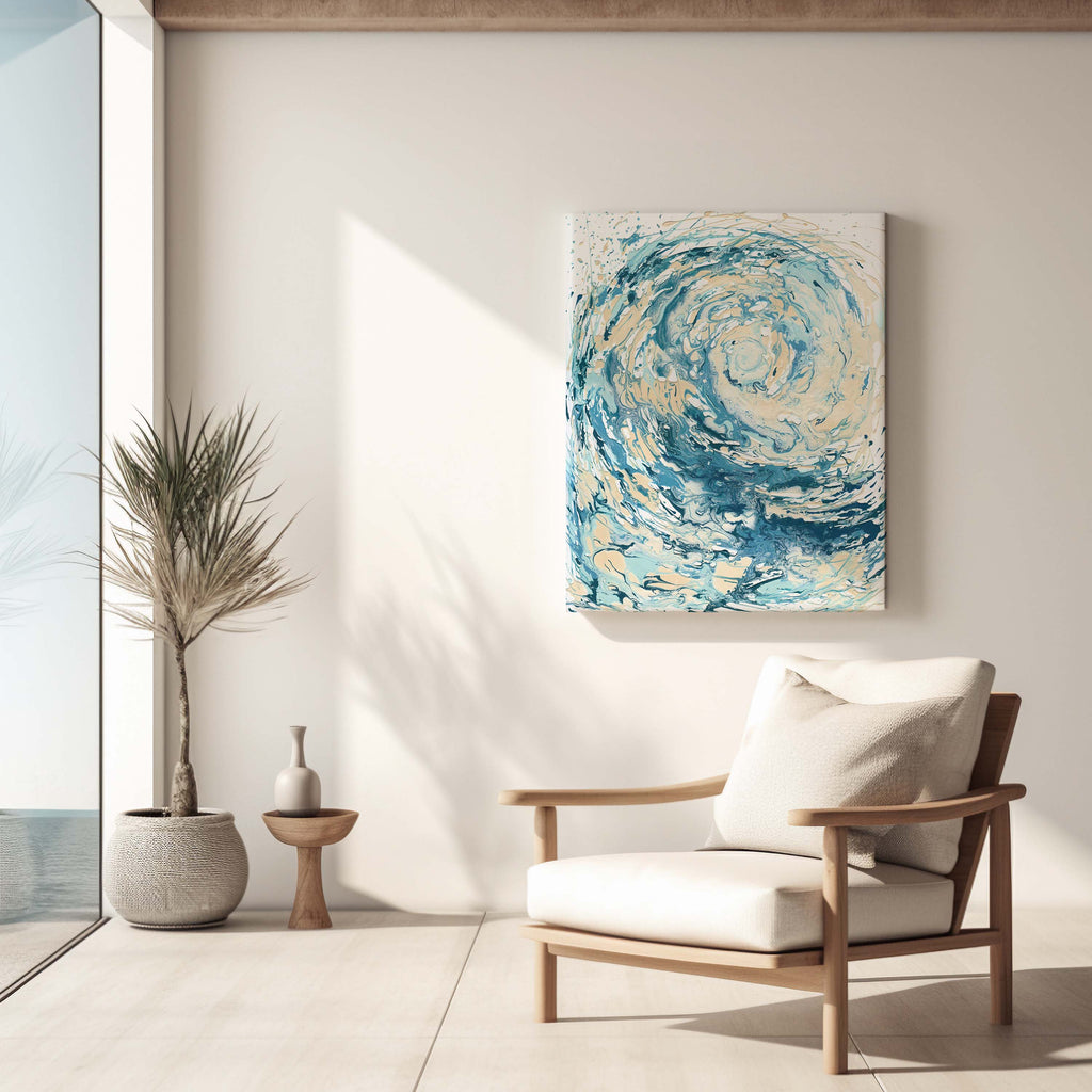 Blue and Cream Abstract Wave Art, Seascape Artwork in Blues and Whites, Rolling Wave Acrylic Painting, Ocean Wave Canvas