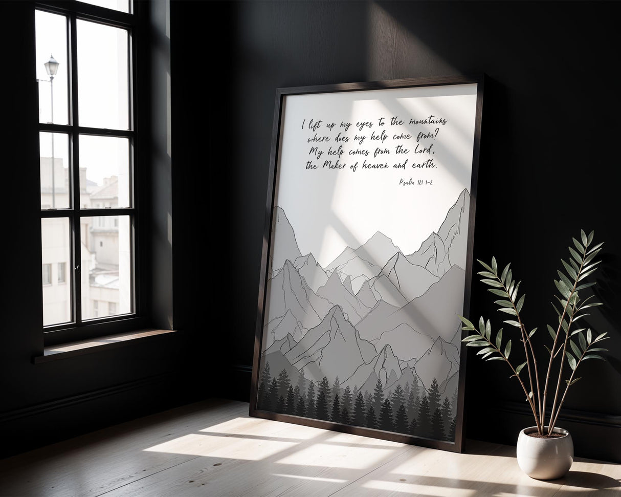 Uplifting Psalm 121 wall art featuring majestic mountains and comforting scripture in black and white.