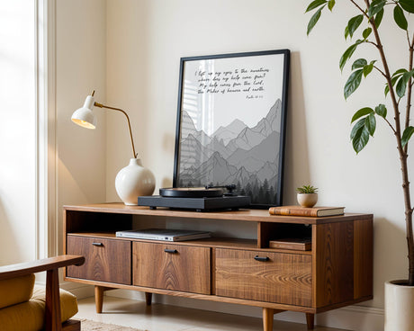 Inspirational Christian print with Psalm 121:1-2 and mountain design to encourage trust in God’s help.