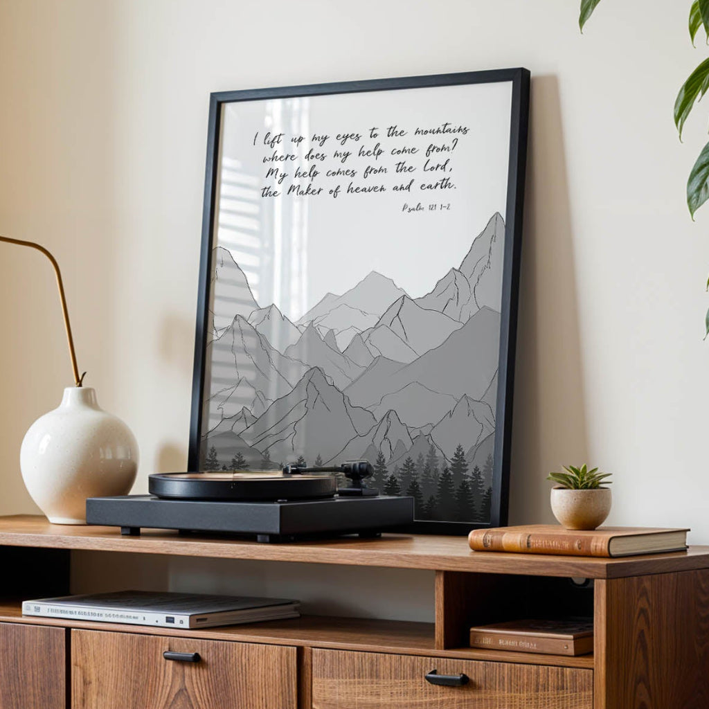 Inspirational Christian print with Psalm 121:1-2 and mountain design to encourage trust in God’s help.