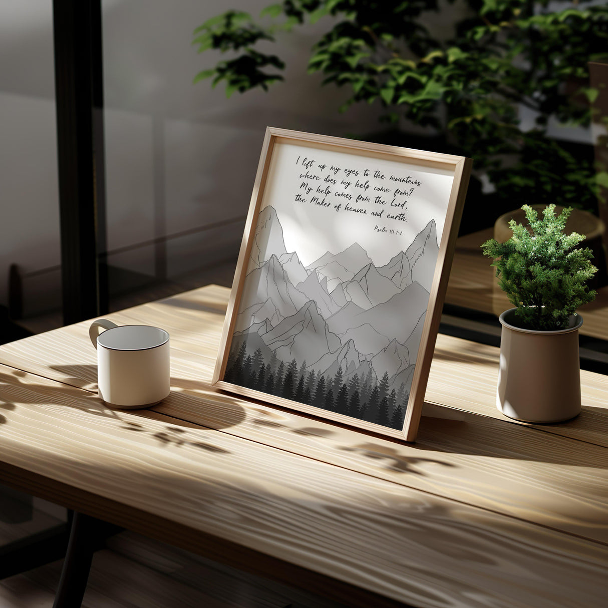 Monochrome Psalm 121 mountain themed print with Bible verse for Christian home inspiration and faith-based decor.