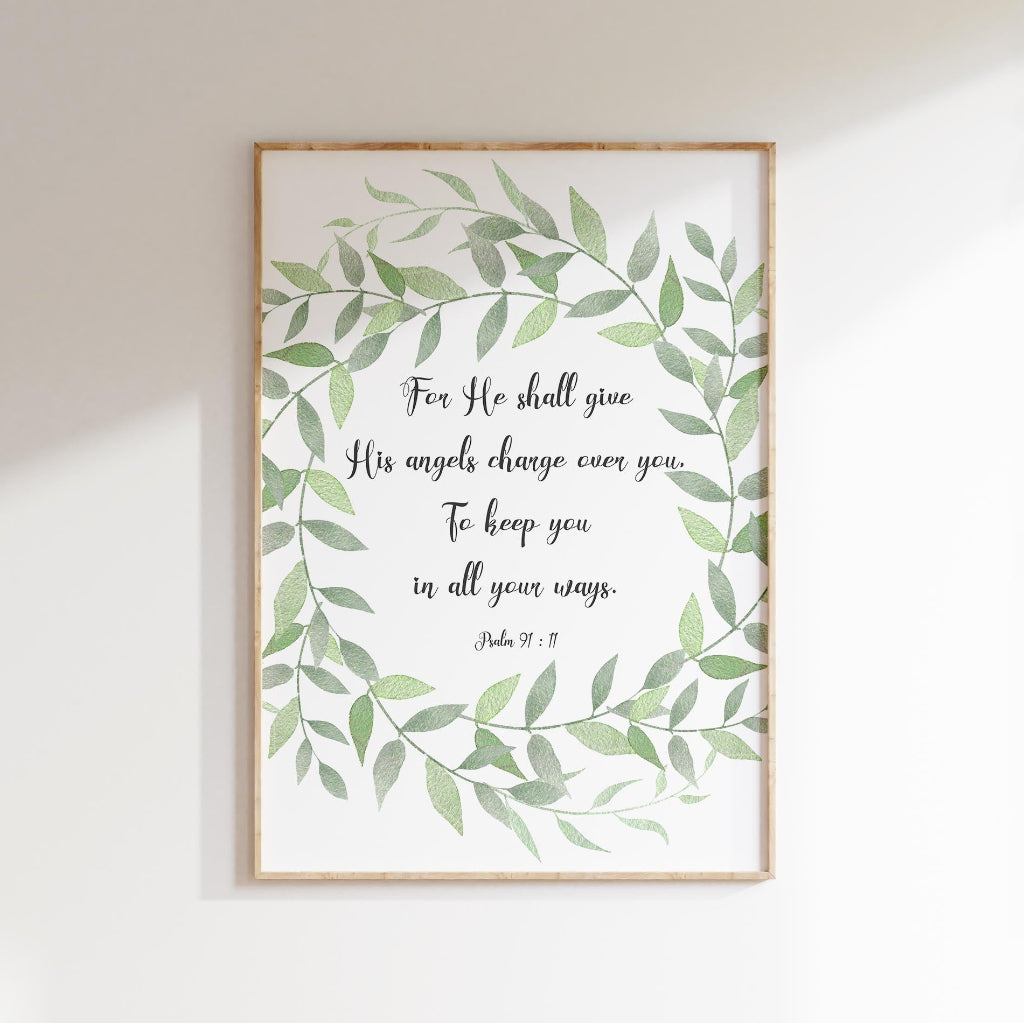 Botanical Christian Wall Art with "He shall give His angels charge over you", Psalm 91:11 Bible Verse Print for Home Decoration