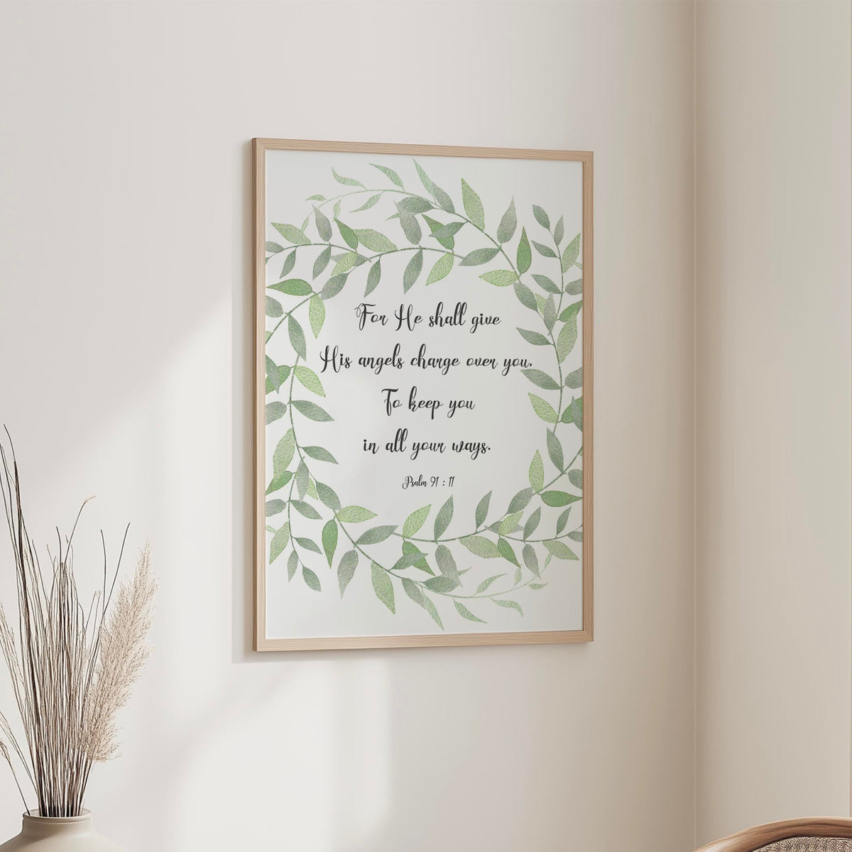 Inspirational Christian art with protective angel promise from Psalm 91:11 displayed in a leafy wreath design.