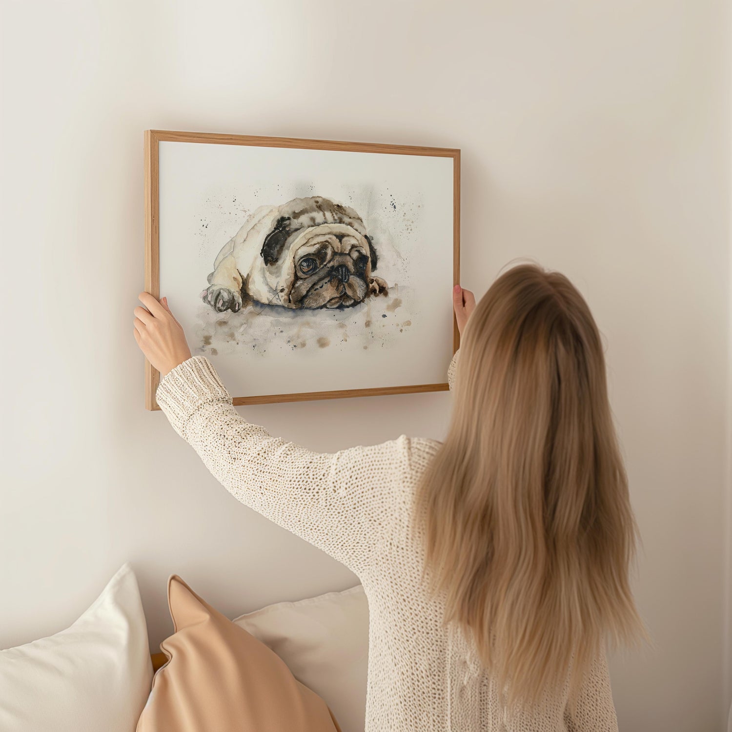 Watercolour painting of a pug dog in brown and black tones