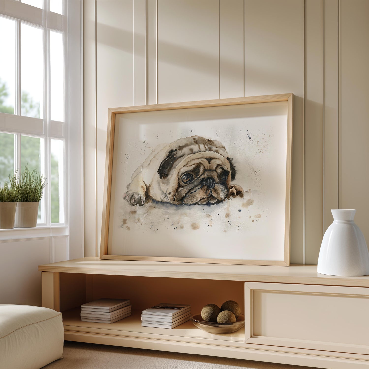 Loose hand-painted pug dog art print in neutral colours