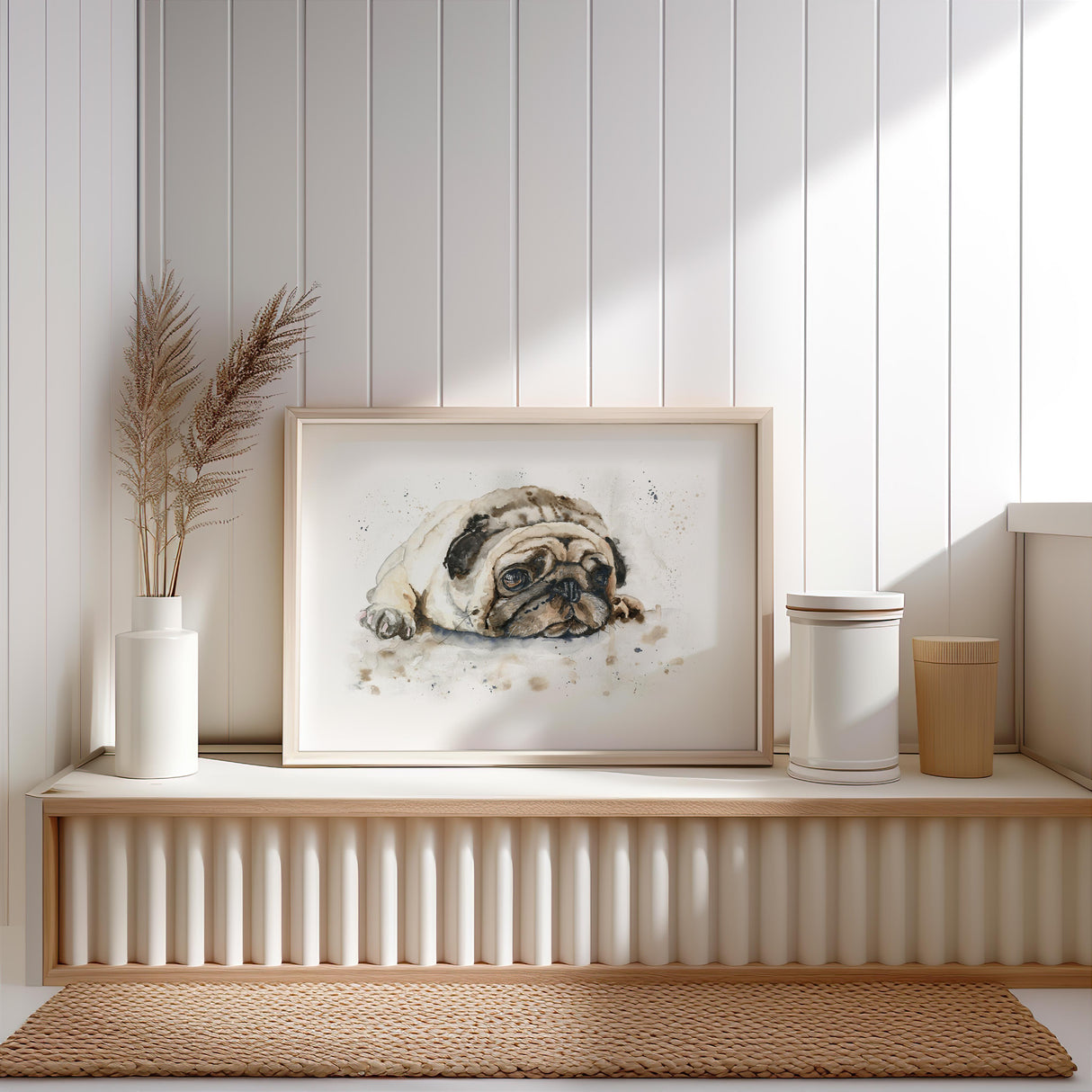 Modern pug artwork with beige, white and black brushstrokes