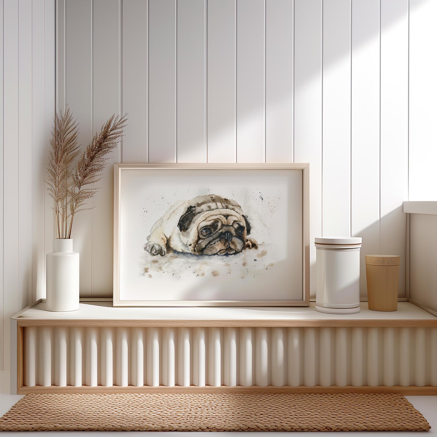 Modern pug artwork with beige, white and black brushstrokes