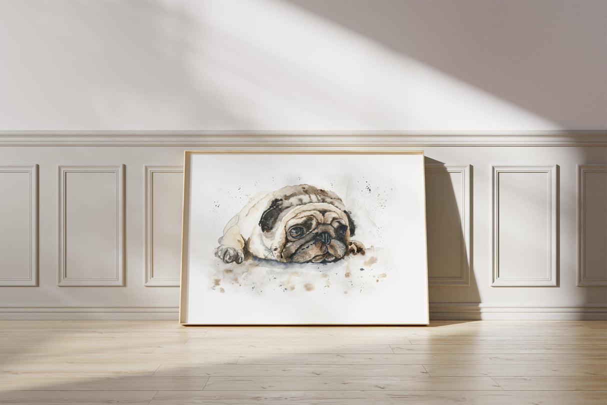 Humorous dog illustration featuring a pug in watercolour