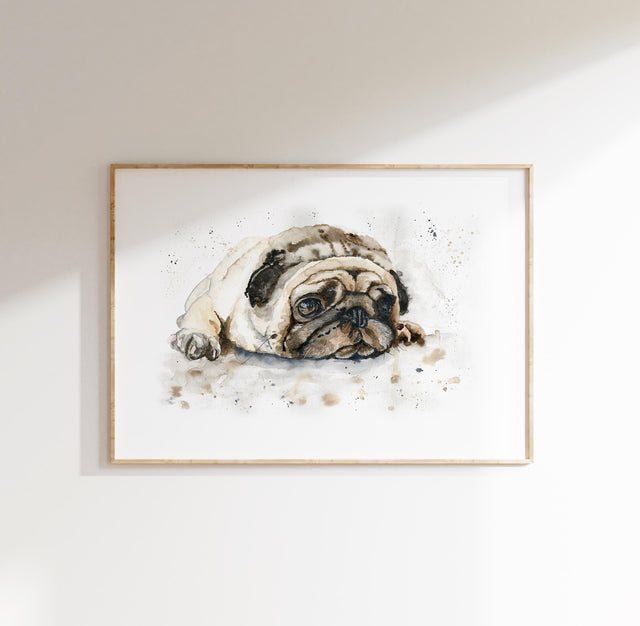 Unique pug print created from original watercolour painting